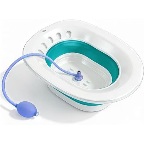 Sitz Bath for Toilet Seat with Hand Massage Flusher - Foldable Sitz Bath for Hemorrhoids and Postpartum Care, Designed for Perineum Soaking, Hemorrhoid, and Anal Inflammation Treatment