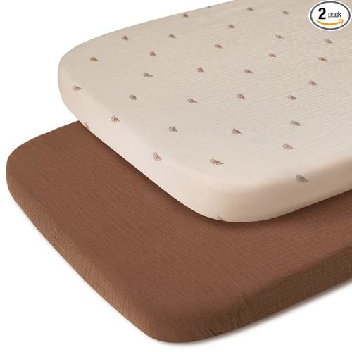 Blissful Diary Muslin Bassinet Sheets for Baby Girls Boys, Boho Soft Cotton Fitted for Oval Hourglass Rectangle Mattress, 2 Pack(Sunshine&Brown) | Muslin, Soft Cotton, Fitted, for Oval Hourglass Rectangle Mattress, 2 Pack, Sunshine&Brown