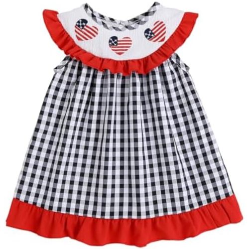 4th of July Baby Girl Outfits American Flag Plaid Flying Sleeve Smocked Dress Toddler Independence Day Clothes
