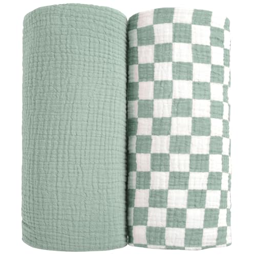lulumoon Muslin Swaddle Blankets for Baby: Soft Cotton Newborn Receiving Blankets - Plaid Print Nursery Gift Set for Baby Girls(SagePlaid)