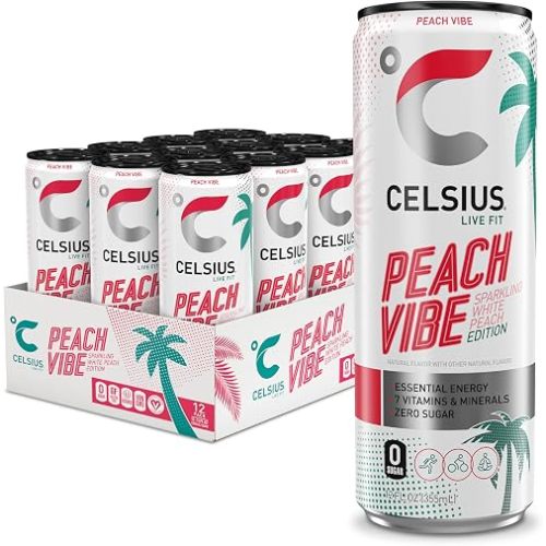 CELSIUS PEACH VIBE Sparkling White Peach, Sugar Free Energy Drink, 12 Fl Oz (Pack of 12)