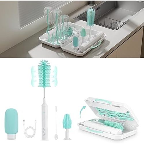 8-in-1 Electric Bottle Brush Cleaner- Baby Bottle Brush Set with Silicone Brush, Nipple Brush, Straw Brush, 90° Rotating Handle, Waterproof, Rechargeable Travel Bottle Cleaner Kit, Green