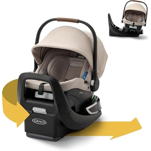 Graco SnugRide Turn & Slide Infant Car Seat, Rear Facing Rotating Car Seat with Base for 4-30 lbs. with 180 Degree Turn for Easy Access, Lightweight Carseat with SnugLock Technology, Sandstone
