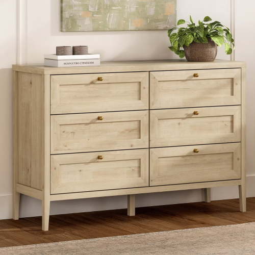 EYYTHUNG Modern 6-Drawer Storage Dresser for Bedroom, Chest of Drawers with Golden Handles, Cabinet Side Table, Light Oak