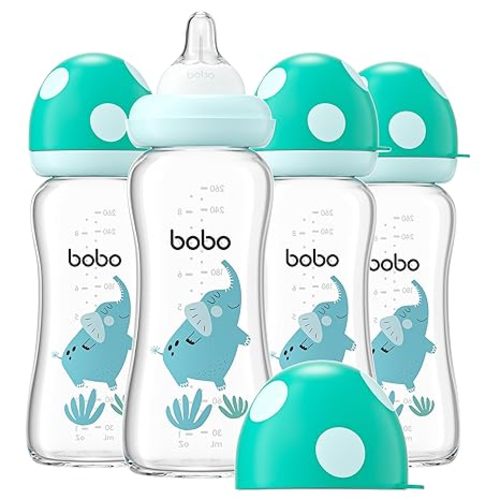 YOHKOH Natural Glass Baby Bottle with Natural Response Nipple, Newborn Anti-Colic Baby Bottles, Wide Neck Mushroom Cap Baby Bottle, Clear (8.8ounce (Pack of 4), Blue2)