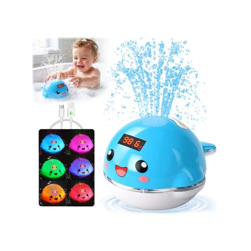 Pircaath Light Up Bath Sprinkler Toy for Baby 0-36 Months, with Thermometer | CPC Certified & BPA-Free for Baby Safety, High/Low Temp Alarm, Whale Bathtub Fountain Toy, Ideal for Kids Boy Girl Gifts