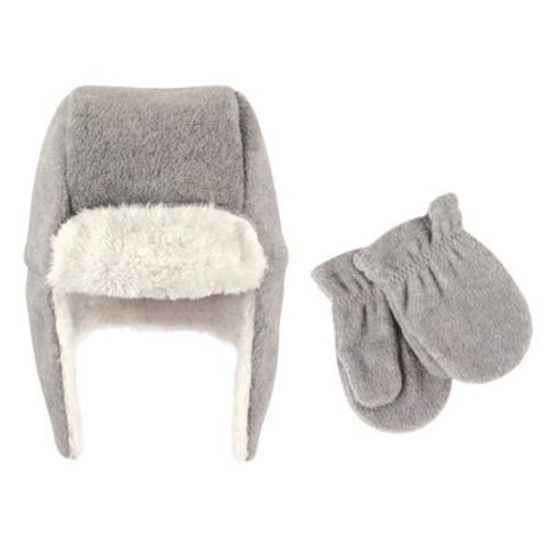 Hudson Baby Infant Fleece Trapper Hat and Mitten 2pc, Heather Gray, 0-6 Months