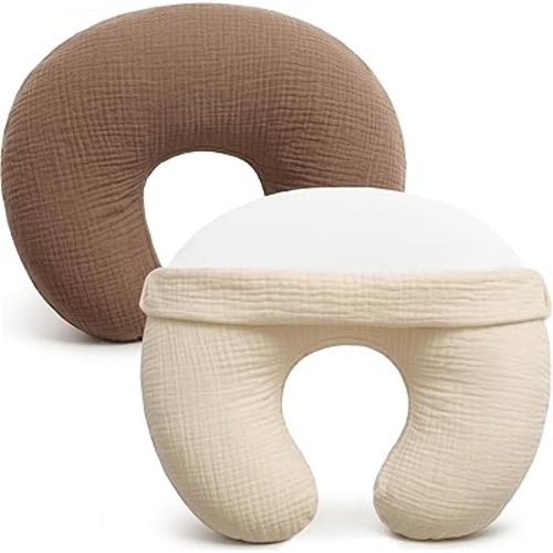 Muslin Nursing Pillow Cover, 100% Cotton Soft Breathable Feeding Pillow Slipcover for Breastfeeding Moms, Fits Standard Infant Nursing Pillow, for Boys and Girls, 2 Pack (Brown＆Beige)