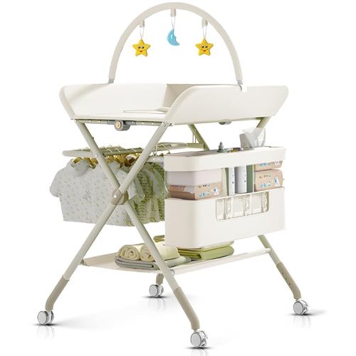 Foldable Portable Changing Table for Baby,Upgraded Style Baby Portable Diaper Changing Station with Wheels,Nursery Five Level Adjustable Height Changing Table with Organizer Storage(Beige)