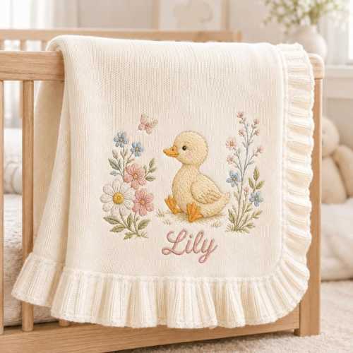 Personalized Duck Floral Baby Blanket, Embroidered Name Design, Soft Knit Custom Baby Blanket, Newborn Gift, Nursery Decor Keepsake