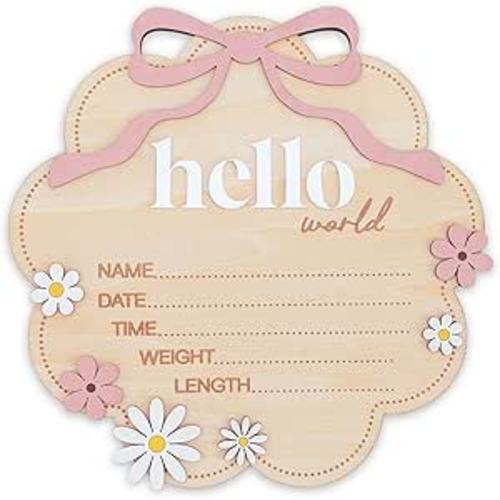 Hello World Wooden Baby Birth Announcement Sign with Pink Bow, Cloud Shape Floral Newborn Name Date Time Weight Length Board, Baby Girl Nursery Photo Prop (Light Pink)