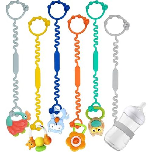 Toy Straps - Pacifier Holder Clip with Self-Adjusting Bayonet, Pure Silicone Material Without BPA; Can Be Used for Teethers, Feeding Bottles, Toys, High Chairs (6pcs)