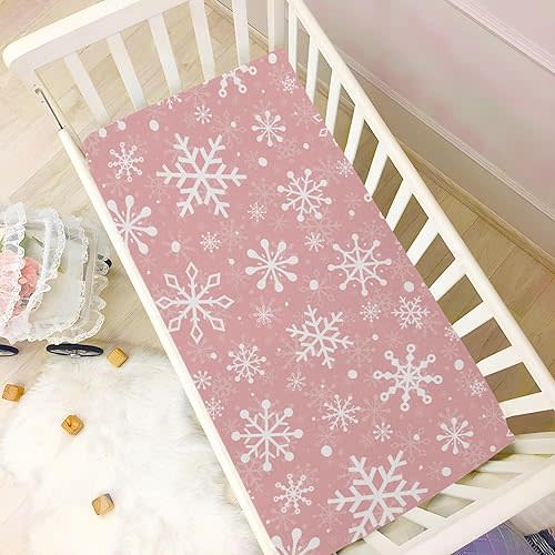 Pfrewn Christmas Crib Sheets for Boys Girls Pink Retro Snowflakes Fitted Crib Sheet Fits Standard Crib Mattress Pads Winter Pattern Stretch Soft Toddler Baby Sheet,52x28IN