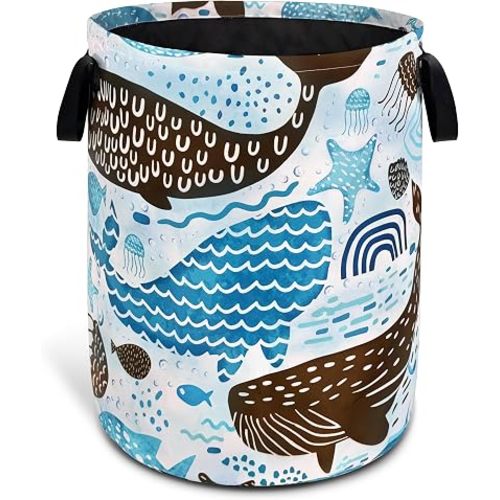 Ocean Whale Fish Laundry Basket Foldable Oxford Cloth Hamper 18.9X16.5In