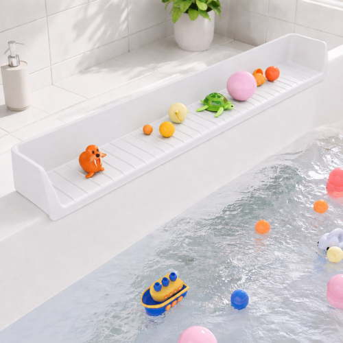 Bathtub Splash Guard Play Shelf – Silicone Tray & Caddy Holder with Suction Cups, Extra Bath Space Organizer, Prevents Water Spills in Bathroom & Sink