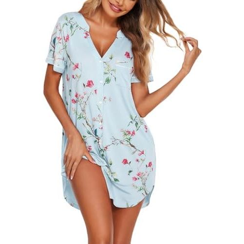 Ekouaer Nightgowns for Women Button Down Night Gowns Short Sleeve Sleep Shirt V Neck Nightshirt Soft Sleepwear Pajams Dress