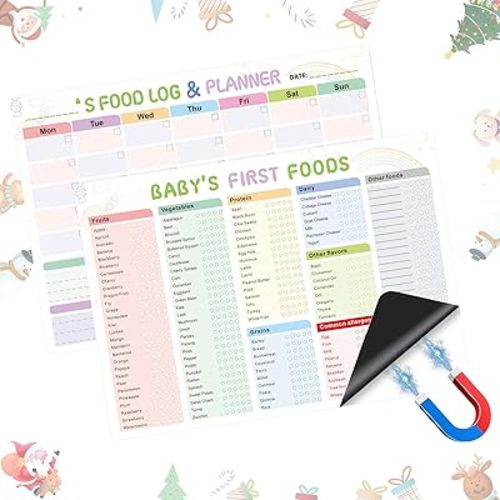 Baby’s First Foods Tracker Magnets (Set of 2) – 101 Foods Before 1 Checklist & Daily Meal Log, Reusable Dry Erase Chart for New Parents, 9x13 Inch