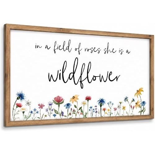 pechpell In A Field Of Roses She Is A Wildflower Sign, 24.8"×12.6" Wooden Wildflower Nursery Decor, Floral Pictures Wall Art Framed, Wild Flower Decorations for Baby Girl Room Home Bedroom Living Room
