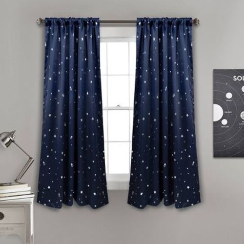 52"x45" Kids' Star Blackout Window Curtain Panels Navy - Lush Décor: Noise Reduction, 2 Panels, Rod Pocket, Indoor Use