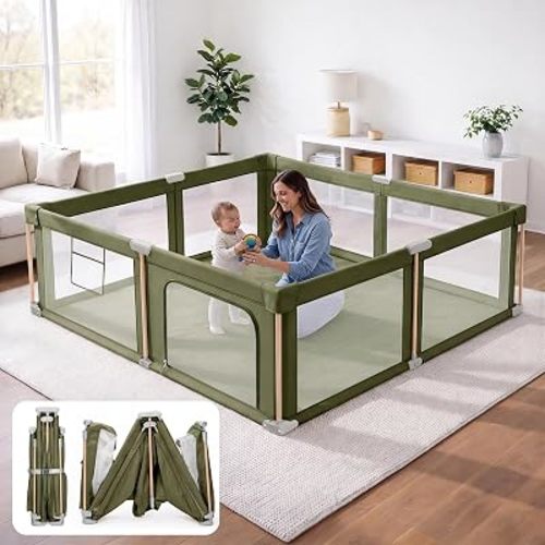 Foldable Baby Playpen with Mat, Foldable Baby Fence Play Yards for Babies and Toddlers, Play Pen with Breathable Mesh and Anti-Fall Pads Green (71"×59")