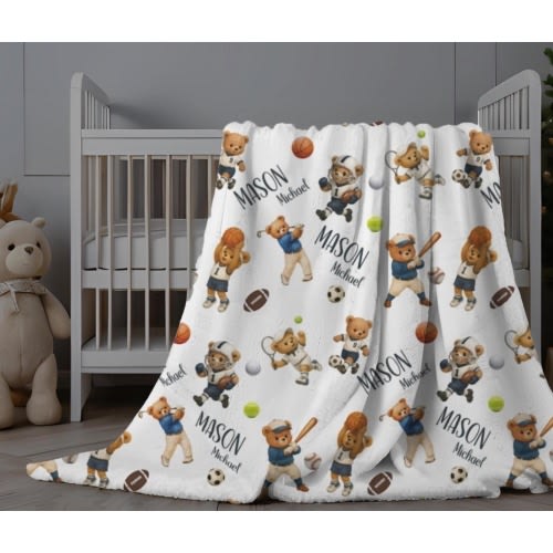Personalized teddy bear sports baby blanket, Custom baby boy swaddle, Baseball football nursery blanket, Newborn shower gift, Crib throw