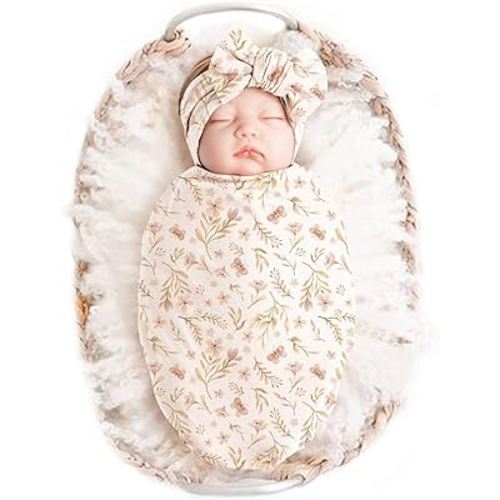 Konssy Baby Girl Newborn Receiving Blanket with Headband Set Baby Swaddle Nursery Swaddle Wrap