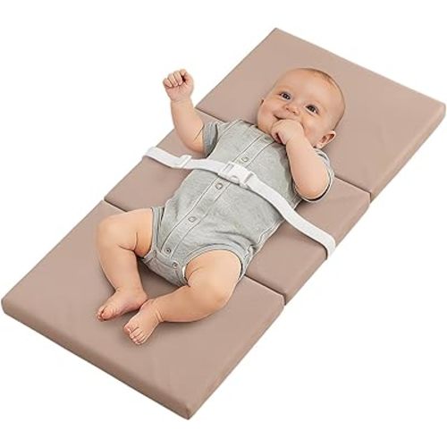YACODAVO Foldable Baby Changing Pad with Vegan Leather Cover, Standard Side Waterproof & Wipeable Changing Pad for Toddler, Flat Foam Travel Diaper Changing Pad for Dresser and Table, Light Brown