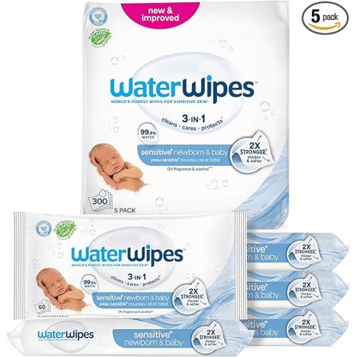 WaterWipes Sensitive+ Newborn & Baby Wipes, 3-In-1 Cleans, Cares, Protects, 99.9% Water, Unscented & Hypoallergenic, 300 Count (5 Packs)