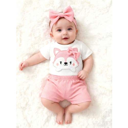 SHEIN Summer Newborn Baby Girl White Cartoon Pattern Embroidered Short Sleeved Top Paired With Pink Shorts Two Pieces Set Casual, Simple, Fashionable, Versatile Two Piece Set For Baby Girls Cat Outfit For Baby Baby Girl Clothes Summer Sets Infant Girl Sho