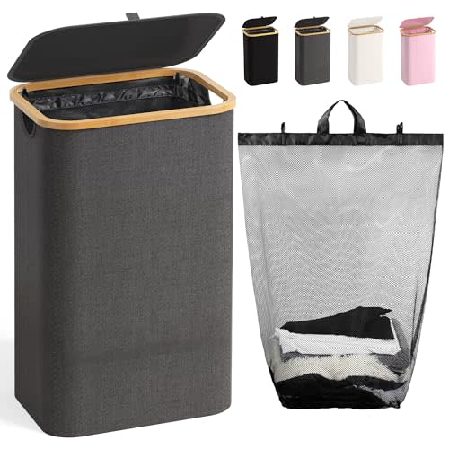 100L Laundry Hamper with Lid, Large Laundry Basket with Bamboo Handles, Clothes Hampers for Laundry with Removable Bag, Dirty Clothes Hampers for Bedroom Aesthetic, Grey