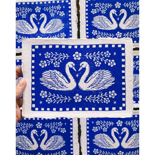 Hand Carved Swan Block Print: Folk Art Love Birds on Handmade Paper (5x7)