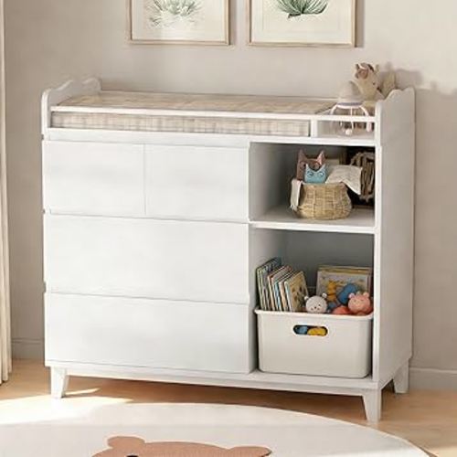 Baby Changing Table Top, Multi-Functional Nursery Changing Table, 4 Drawers with 2 Open Shelves, Bedroom, White