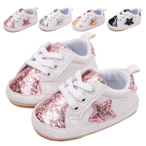 Baby Girl Shoes Glitter Canvas Sneakers Fashion Shiny Lace-Up Infant Baby Shoes, Soft Flexible Sole with Wide Toe Design Crib Shoes for Sparkly First Walkers Sneakers (0–18 Months)