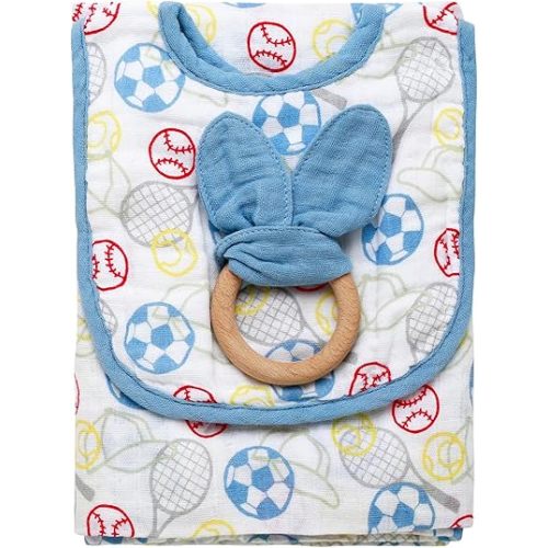 3 Piece Cotton Muslin Set: Swaddle Blanket with Muslin Bib and Beechwood Teether for Baby, Lightweight, Breathable, Blue Sport Theme