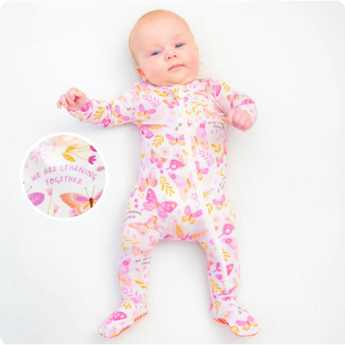 Bamboo Footie Zipper Baby Pajama - Pink Butterfly Bamboo Onesie Sleeper - We're Learning Together Affirmation – Raising Mama