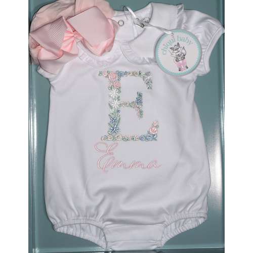Baby girl coming home outfit, Floral Embroidery Bubble, Light Pink Bow/Headband, Monogrammed Romper, Pima Cotton, Personalized, toddler size