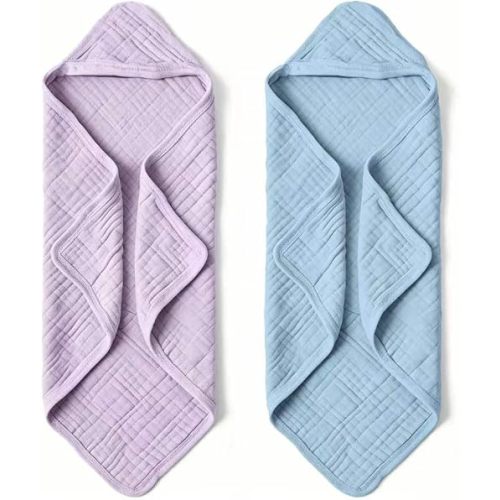 Muslin Hooded Baby Bath Towels - 2 Pack 100% Cotton Towel for Babies, Infants, Toddlers - 32x32Inch - Highly Absorbent and Newborn Essential (Purple Blue)