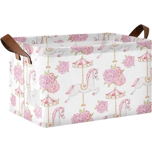 Cute Carousel Horse with Pink Flower Baby Storage Basket with Label&Handles Rectangular Waterproof Nursery Storage Bins Collapsible Shelf Organizer Baskets for Kids Books Cloth Gift Toys Laundry