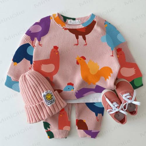 Baby Chicken Print Pink Waffle 2-piece Set