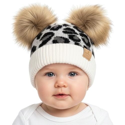 Funky Junque Double Pom Pom Baby Beanie – Newborn Girl Winter Hat 0–12 Months, Cute Cozy Knit Infant Beanies for Cold Weather