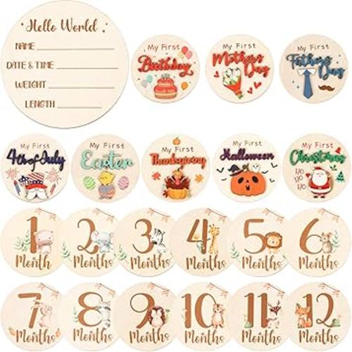 Monthly Baby Milestone Signs, 11PCS Wooden My First Holiday Milestone Cards Newborn Gift, Baby Announcement and Hello World Newborn Sign