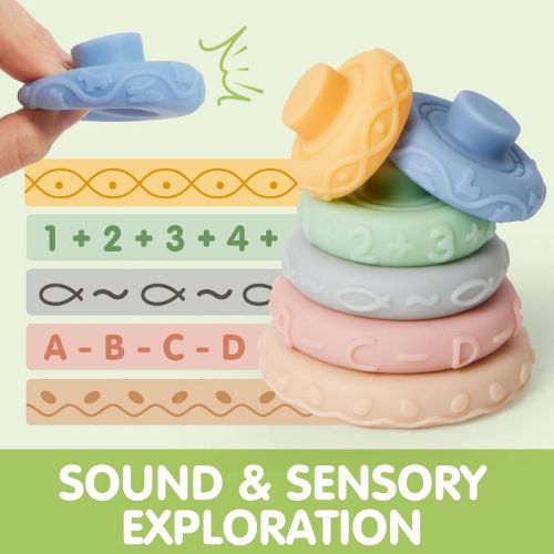 Joyfy Montessori Toys for Baby 0-3-6-12 Months, 4-in-1 Food-Grade Sensory Toys, Infant Stacking Circles Teether, Learning Gifts for Baby Girls Boys