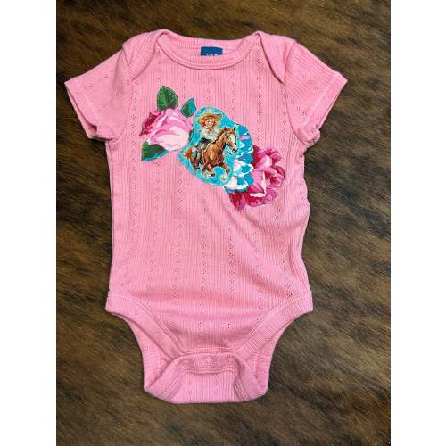 Hot Pink Pointelle Onesie with Turquoise Cowgirl & Roses, Size 3-6 mons.