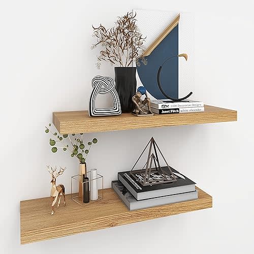 Oak Floating Shelves for Wall,24in Wall Mounted Display Ledge Shelves Perfect for Bedroom, Bathroom, Living Room and Kitchen Decoration Storage (Oak, Set of 2)