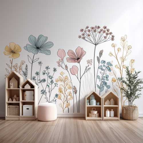 Floral Line Art Wall Decal | Boho Botanical Wall Sticker | Minimalist Flower Mural for Nursery or Kids Room | Large Removable Vinyl Art