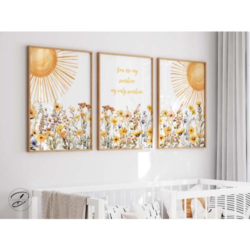 You are my sunshine Print, Wildflower nursery decor, Sun print, Floral nursery art, baby girl nursery decor, wildflower prints, Mid Century