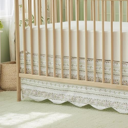 Brandream Scallop Edge Crib Skirt Cotton Toddler Bedskirt Floral Stripes and Vines Baby Nursery Crib Bed Skirt Neutral Vintage Green Farmhouse Chic Boho Bohemian Skirt