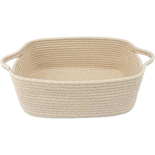XUANGUO Woven Cotton Rope Storage Basket with Handles for Organizing Shelves Closet Small Cat Dog Pet Toy Baskets Box Bin Decorative Rectangle Baby Nursery Basket Gift Basket Empty oatmeal