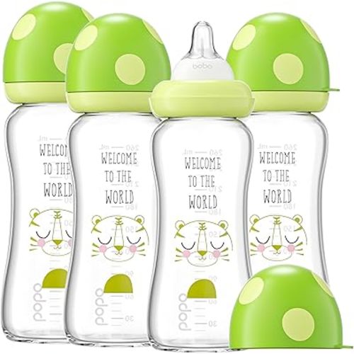 YOHKOH Natural Glass Baby Bottle with Level 2 Medium Flow Nipple, Newborn Anti-Colic Baby Bottles, Wide Neck Mushroom Baby Glass Bottle (8.8ounce (Pack of 4), Green1)
