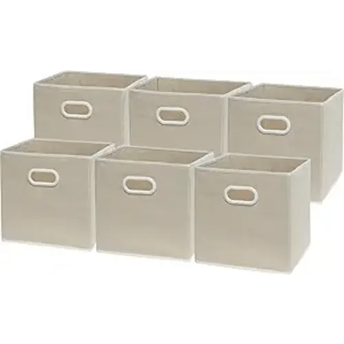 Simple Houseware Foldable Cube Storage Bins with Handles, 11-Inch, Beige, 6-Pack, Fabric Cubes Organizer for Closet or Shelves